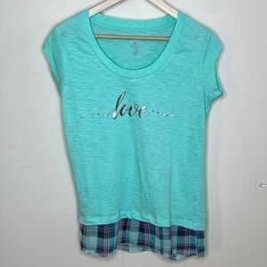 BOXERCRAFT SMALL MINT GREEN PAJAMA TOP LOVE WITH PLAID TRIM